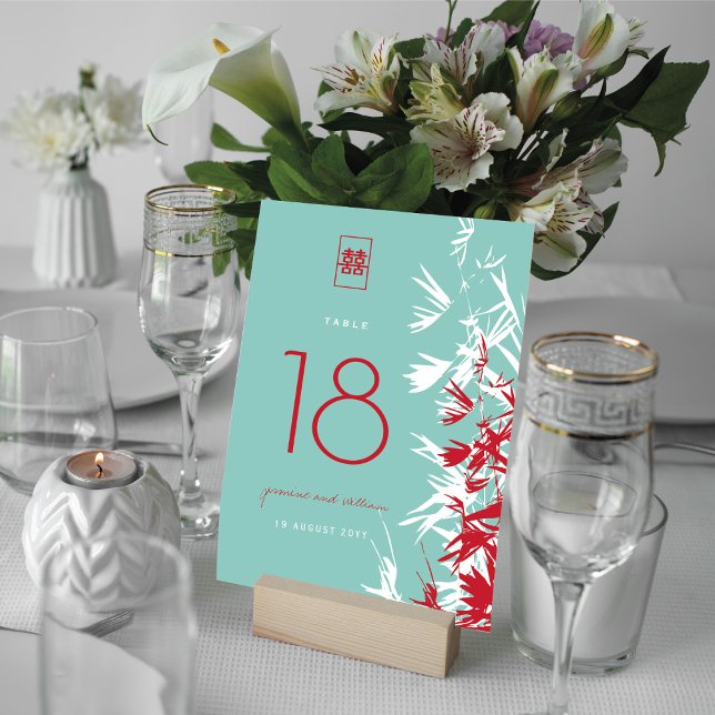 Red & Turquoise Bamboo Leaves Shuang Xi Wedding Table Number (Creator Uploaded)