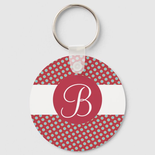 Red turquoise dots custom monogram keychain (Front)