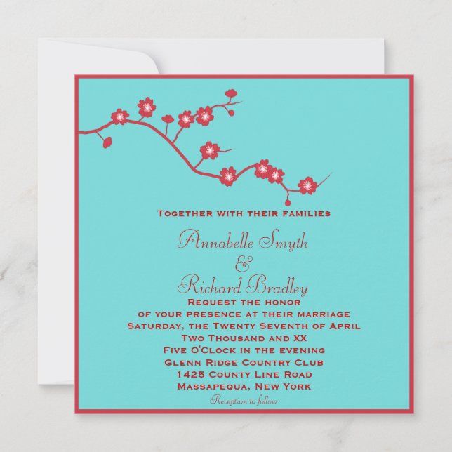 Red & Turquoise Floral Wedding Invitation (Front)