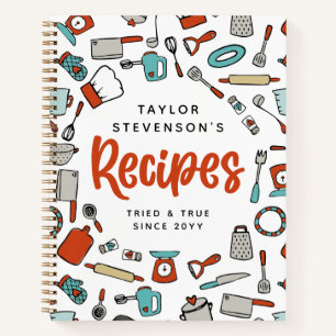 Red Turquoise Hand Drawn Cooking Utensils Recipes Notebook