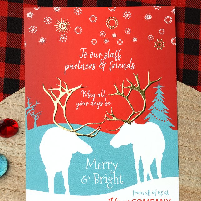 Red, Turquoise Office Holiday Card Rustic Reindeer (Rustic Red, Turquoise Gold Foil Elk Antlers Company Holiday Christmas Card with Business Logo)