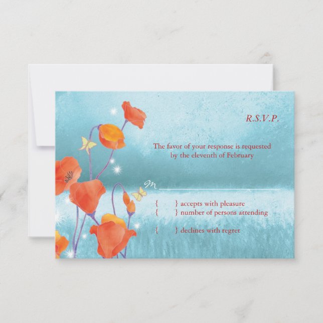 Red & Turquoise Poppy Floral Wedding RSVP (Front)