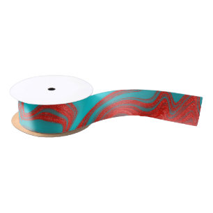 Red Turquoise Wavy Lines Satin Ribbon