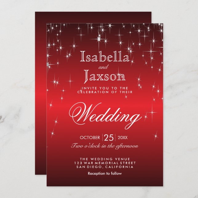 Red Twinkle Star Lights Wedding  Invitation (Front/Back)