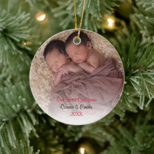 Red Twins Baby's First Christmas Photo Ceramic Tree Decoration