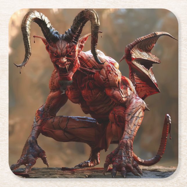 red two-horned devil square paper coaster (Front)