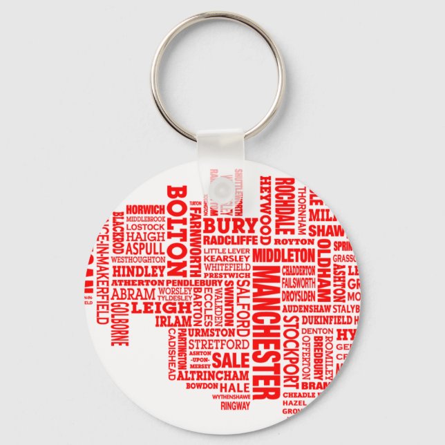 Red type map of Greater Manchester Key Ring (Front)