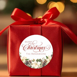 Red Typography Christmas Poinsettia white   Classic Round Sticker