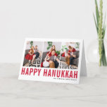 Red Typography Happy Hanukkah Photo Collage  Holiday Card<br><div class="desc">Happy Hanukkah! Customisable Happy Hanukkah photo collage card featuring red simple typography and snow pattern. Personalise by adding three photos,  names,  year and other details. This modern Hanukkah card is available in other colours and cardstock.</div>