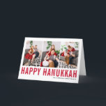 Red Typography Happy Hanukkah Photo Collage  Holiday Card<br><div class="desc">Happy Hanukkah! Customisable Happy Hanukkah photo collage card featuring red simple typography and snow pattern. Personalise by adding three photos,  names,  year and other details. This modern Hanukkah card is available in other colours and cardstock.</div>