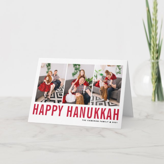 Red Typography Happy Hanukkah Photo Collage  Holiday Card (Front)