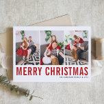 Red Typography Merry Christmas Photo Collage Holiday Card<br><div class="desc">Merry Christmas! Customisable Christmas photo collage card featuring red simple typography and snow pattern. Personalise by adding three photos,  names,  year and other details. This modern Christmas photo card is available in other colours and cardstock.</div>