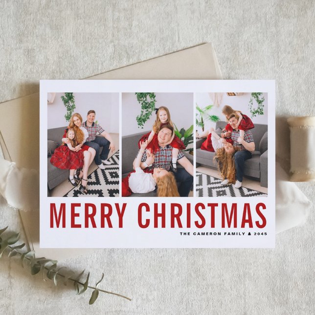 Red Typography Merry Christmas Photo Collage Holiday Card (Creator Uploaded)