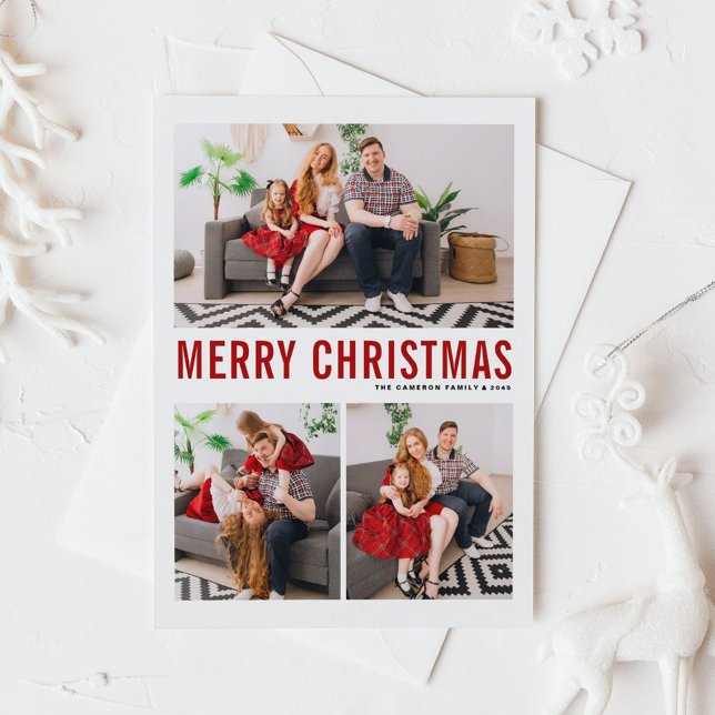 Red Typography Merry Christmas Three Photo Holiday Postcard (Modern Red Typography Three Photo Collage Merry Christmas Postcard)