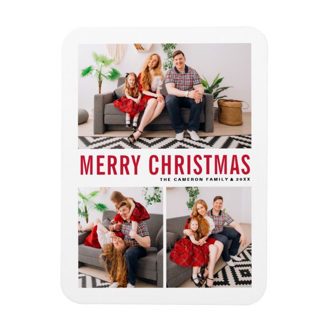 Red Typography Merry Christmas Three Photo Magnet (Vertical)