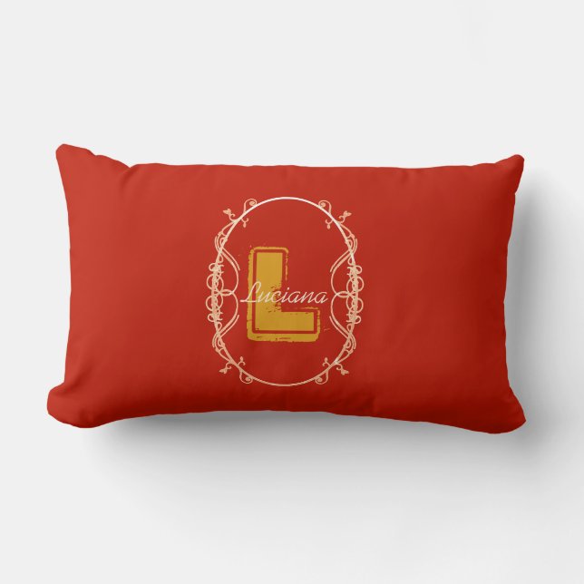 Red Typography Monogram Name Elegant Modern Lumbar Cushion (Front)