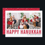 Red Typography Photo Collage Happy Hanukkah Holiday Card<br><div class="desc">Happy Hanukkah! Customisable Happy Hanukkah photo collage flat card featuring red simple typography and snow pattern. Personalise by adding three photos,  names,  year and other details. This modern Hanukkah flat card is available in other colours and cardstock.</div>