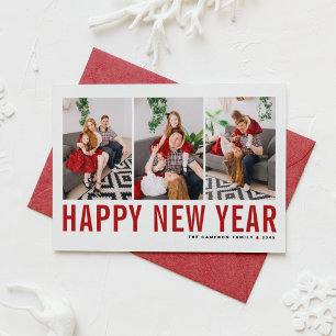 Red Typography Photo Collage Happy New Year Holiday Card