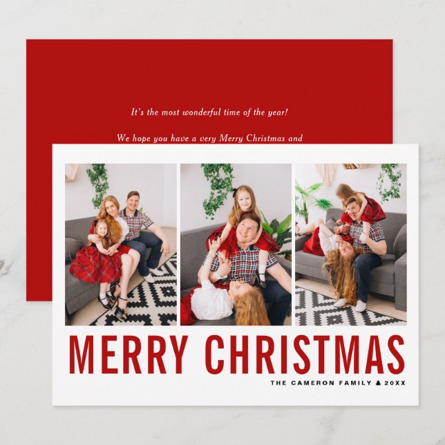 Red Typography Photo Collage Merry Christmas Holiday Card (Front/Back)
