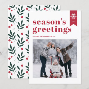 Red Typography Snowflake Season's Greetings Photo Holiday Card