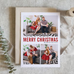 Red Typography Three Photo Merry Christmas Card<br><div class="desc">Merry Christmas! Send Christmas greetings to family and friends with this customizable Christmas photo card. It features red simple typography and snow pattern. The texts are fully customizable for any holiday greetings. Personalize this modern Christmas card by adding your photos, name and other details. Available in other colors and cardstock....</div>
