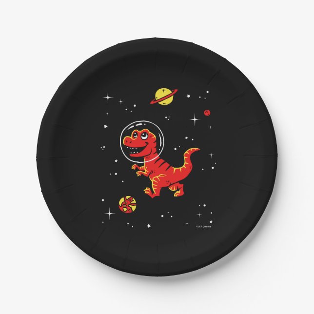 Red Tyrannosaurus Rex Dinos In Space Paper Plate (Front)