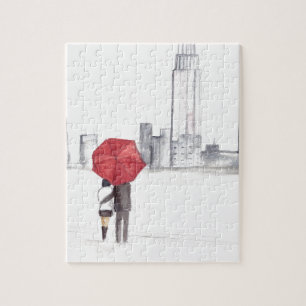 Red umbrella couple New York cool trendy beautiful Jigsaw Puzzle