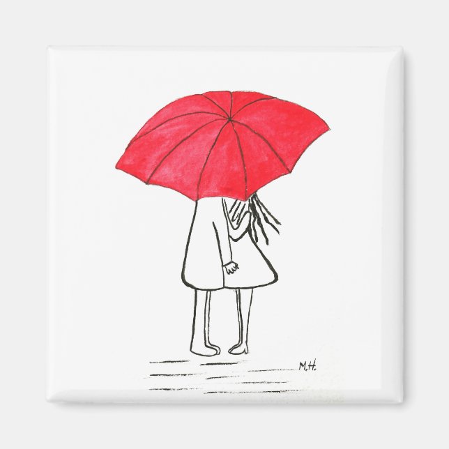 Red umbrella couple rustic chic minimalist wedding magnet (Front)