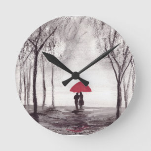 Red umbrella love couple round clock