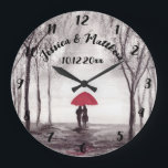 Red umbrella love couple rustic romantic vintage l large clock<br><div class="desc">Red umbrella watercolour painting. Love couple with red umbrella. Beautifully hand painted artwork by myself. Perfect for a bride,  girlfriend,  wife. Wedding anniversary gift. Valentine’s Day present. Personalise it with your names and date.</div>