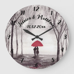 Red umbrella love couple rustic romantic vintage l large clock