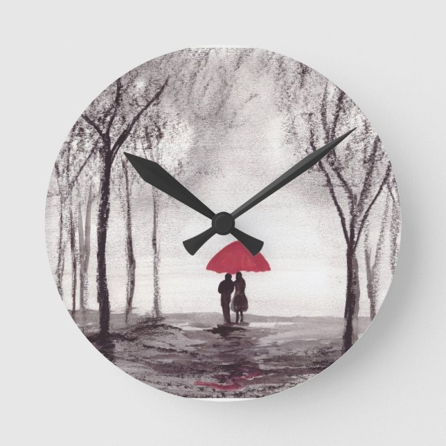 Red umbrella love couple rustic romantic vintage  round clock (Front)