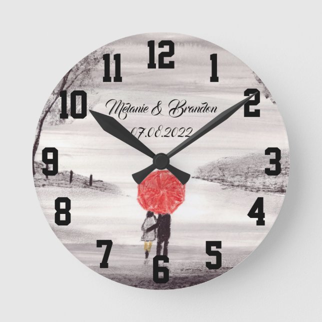 Red umbrella Love couple rustic romantic Wedding R Round Clock (Front)
