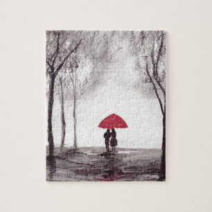 Red umbrella love couple watercolor wedding  jigsaw puzzle