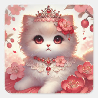 Red Ume Plum Blossom Princess Cat Square Sticker