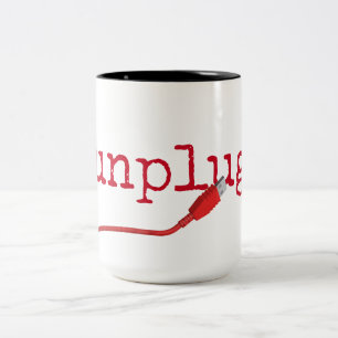 Red USB Cable with UNPLUG Text Two-Tone Coffee Mug