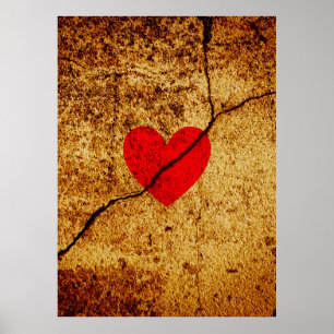Red valentine heart on a cracked wall poster