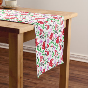 Red Valentine Hearts Pink Flowers Table Runner