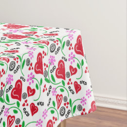 Red Valentine Hearts Pink Flowers Tablecloth