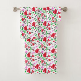 Red Valentine Hearts Pink Flowers Towel