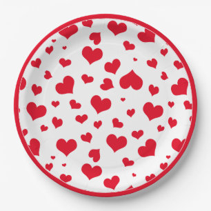 Red Valentine Hearts Random Scattered Pattern Paper Plate
