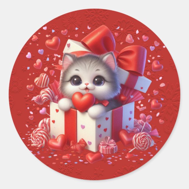 Red Valentine Kitten In A Box Hearts Ribbon Classic Round Sticker (Front)