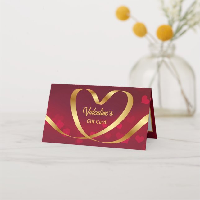Red Valentine's Day Gold Heart Ribbon Gift Card (Front)