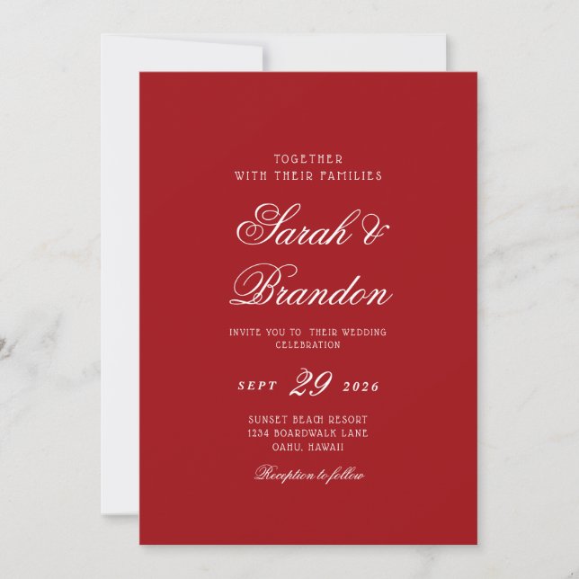 Red Valentines Minimalist Script Wedding Invitation (Front)