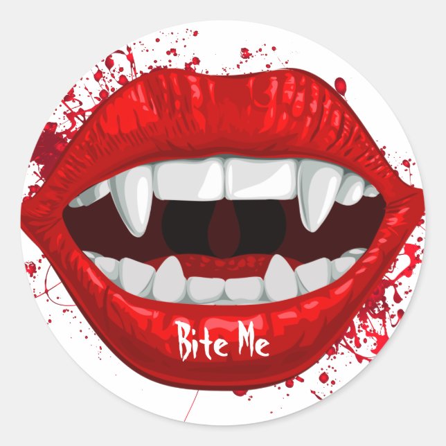 Red Vampire Lips & Fangs Classic Round Sticker (Front)