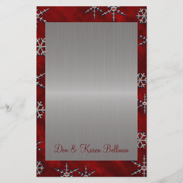 Red Velour & Silver Snowflakes Stationery (Front)