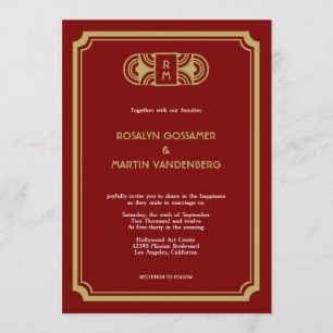 Red velvet art deco retro Hollywood glam wedding Invitation