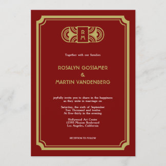 Red velvet art deco retro Hollywood glam wedding Invitation