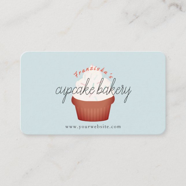 Red Velvet Cupcake Light Blue Bakery Business Card (Front)