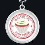 Red Velvet Cupcake Necklace<br><div class="desc">A necklace featuring an illustration of a red velvet cupcake with white icing inside a decorative red and white circle with red text.</div>